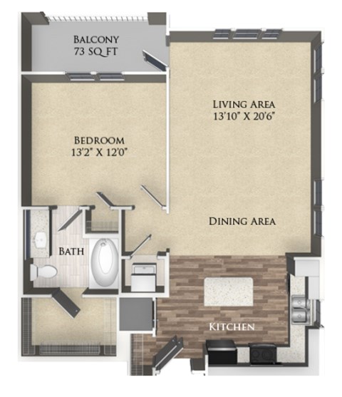 A floor plan of a 73 sq ft balcony with a bedroom, bathroom, kitchen, dining area, and living area.