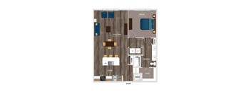 A floor plan of a house with a living room, dining room, kitchen, and bathroom.