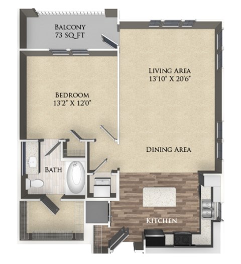 A floor plan of a 73 sq ft balcony with a bedroom, bathroom, dining area, and kitchen.