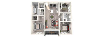A 3D floor plan of a house with two bedrooms, a living area, a kitchen, and a bathroom.