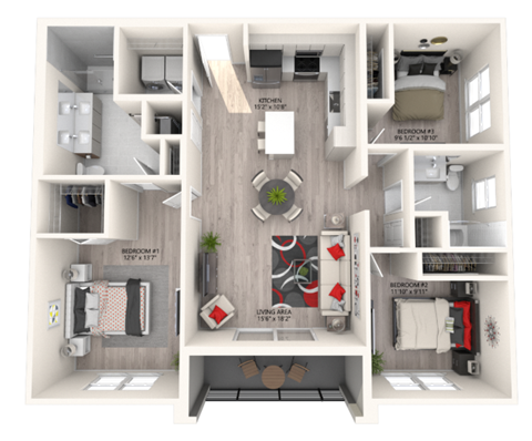 A 3D floor plan of a house with two bedrooms, a living area, a kitchen, and a bathroom.