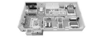 A detailed 3D floor plan of a house showing all rooms and their furnishings.