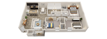 A 3D rendered image of a house layout.
