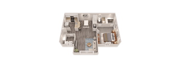 A top-down view of a well-furnished apartment with a kitchen, living room, and bedroom.