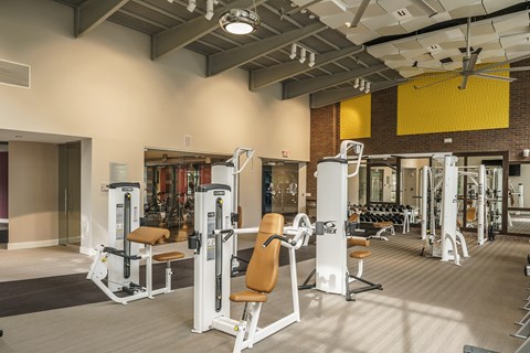 a gym with a lot of exercise equipment and a yellow wall