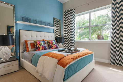 a bedroom with a bed and two windows