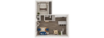 A top-down view of a small apartment with a bed, a couch, a dining table, and a kitchenette.