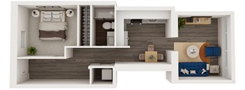 A 3D floor plan of a small apartment with a bedroom, living room, and kitchen.