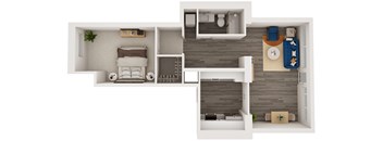 A top-down view of a small apartment layout with a bedroom, living room, and kitchen.
