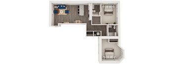 A top-down view of a small apartment with a bedroom, living room, and kitchen.