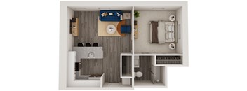 A top-down view of a small apartment with a bedroom, living room, and kitchen.