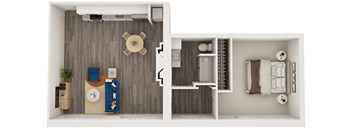 A split image of a room showing a living area and a bedroom.