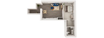 A top-down view of a modern apartment with a kitchen, living room, and bedroom.