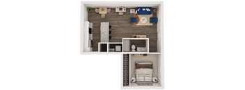 A 3D floor plan of a small apartment with a living room, kitchen, and bedroom.
