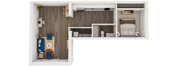 A top-down view of a small apartment with a bedroom, living room, and kitchen area.