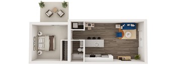 A top-down view of a small apartment with a bedroom, living room, and kitchen.