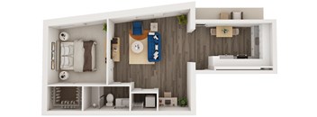 A top-down view of a small apartment with a bedroom, living room, and kitchen.