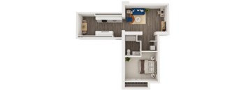 A top-down view of a small apartment with a bedroom and a kitchen.