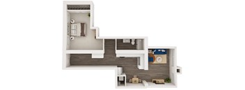 A floor plan of a small apartment with a bedroom, living room, and kitchen.