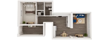 A 3D floor plan of a small apartment with a bedroom, living room, and kitchen.