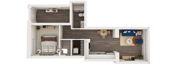 A 3D floor plan of a house with a bedroom, living room, and kitchen.