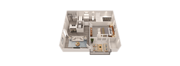 A 3D floor plan of a modern apartment with two bedrooms, a living room, a kitchen, and a bathroom.