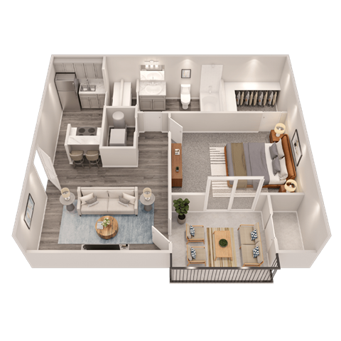 A 3D floor plan of a modern apartment with two bedrooms, a living room, a kitchen, and a bathroom.