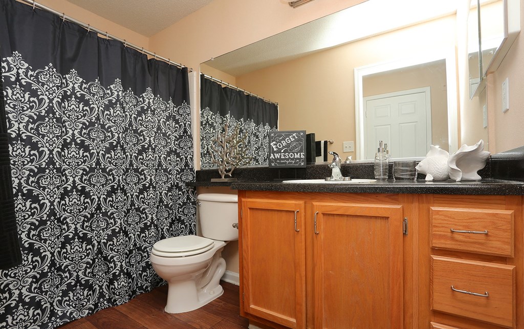 a bathroom with a black and white shower curtain