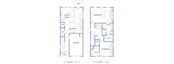 the floor plans for the two floors of a town house with a garage