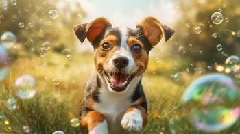 A small dog is running through a field of grass with bubbles floating around.