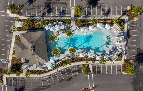 An aerial view of a swimming pool surrounded by palm trees and a parking lot.