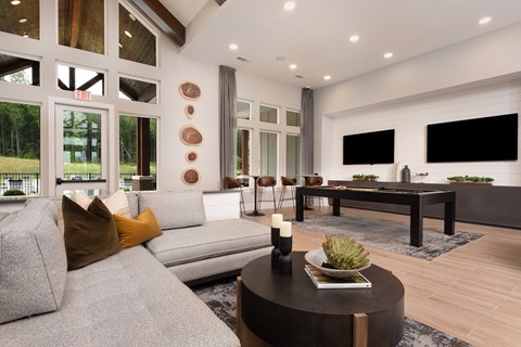 A modern living room with a grey sofa and a black coffee table.
