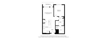 A floor plan of a small apartment with a living room, dining room, kitchen, bathroom, bedroom, and closet.