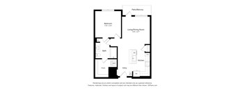 A floor plan of a room with a bedroom, bathroom, kitchen and living/dining room.