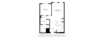 A floor plan of a bedroom, bathroom, living/dining room, kitchen, entry and closet.