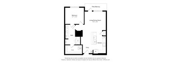 A floor plan of a small apartment with a bedroom, living/dining room, kitchen, bath, and closet.