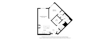 A floor plan of a small apartment with a living room, dining room, kitchen, and bathroom.
