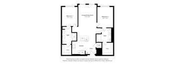 A floor plan of a house with three bedrooms, a living/dining room, a kitchen, two bathrooms, and an entry.