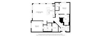 A floor plan of a small apartment with a living room, two bedrooms, a kitchen, a bathroom, and a built-in desk.