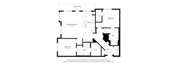 A black and white floor plan of a house with two bedrooms, a living room, a kitchen, a bathroom, and an entry way.