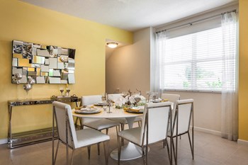 a dining room with yellow walls and a white table and chairs - Photo Gallery 29