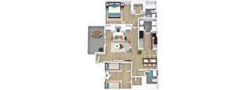 A top-down view of a house layout with a kitchen, living room, and bathrooms.