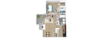 A top-down view of a modern apartment layout.