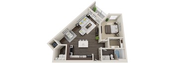 A top-down view of a house layout with a kitchen, living room, and bathroom.