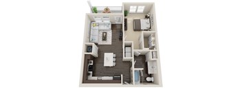 A top-down view of a small apartment with a kitchen, living room, and bathroom.