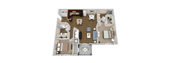 A top-down view of a house interior with a living room, kitchen, and dining area.