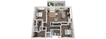 A floor plan of a small apartment with a kitchen, living room, and two bedrooms.