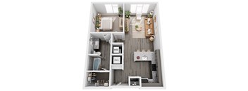 A top-down view of a small apartment with a kitchen, living room, and bathroom.