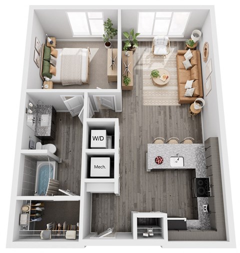 A top-down view of a small apartment with a kitchen, living room, and bathroom.