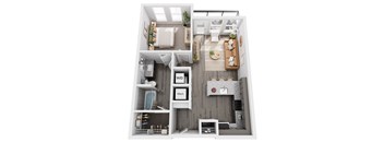 A modern apartment layout with a kitchen, living room, and bathroom.